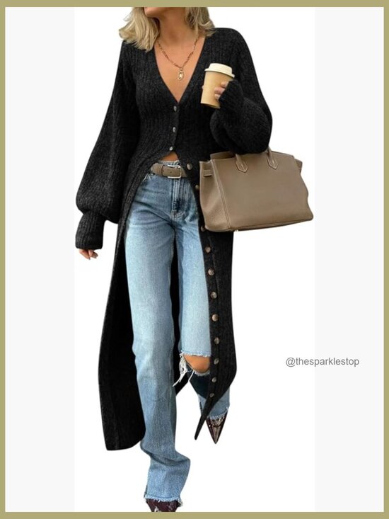 Sweaters - Chunky Knit V-Neck Button Down Long Cardigan Dress Maxi Duster Coat